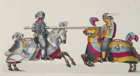 Dwóch rycerzy na turnieju, tablica z „Historii rozwoju i obyczajów rycerskich” dr. Franza Kottenkampa, wyd. Carl Hoffmann, 1842