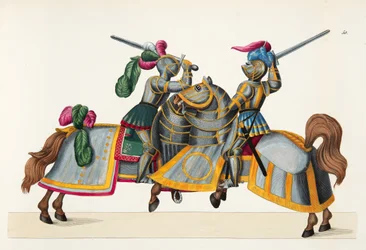 Dwóch rycerzy na turnieju, tablica z „Historii rozwoju i obyczajów rycerskich” dr. Franza Kottenkampa, wyd. Carl Hoffmann, 1842