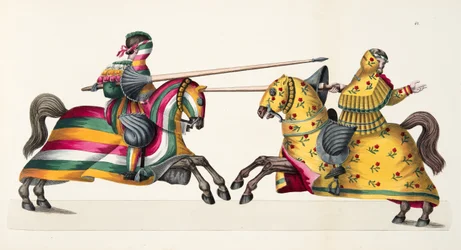 Dwaj rycerze podczas turnieju, ilustracja z "Historii rozwoju i zwyczajów rycerskich", autorstwa dr Franza Kottenkampa, wydanej przez Carla Hoffmanna, 1842 r.