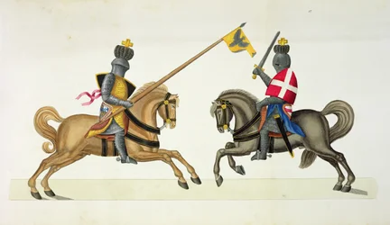 Dwaj rycerze podczas turnieju, ilustracja z "Historii rozwoju i zwyczajów rycerskich", autorstwa dr Franza Kottenkampa, wydanej przez Carla Hoffmanna, 1842 r.