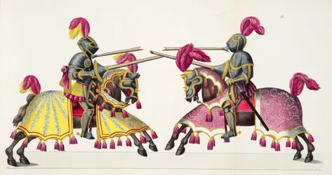 Dwóch rycerzy na turnieju, tablica z „Historii rozwoju i obyczajów rycerskich” dr. Franza Kottenkampa, wyd. Carl Hoffmann, 1842