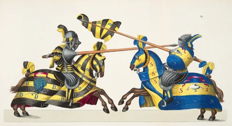 Dwóch rycerzy na turnieju, tablica z „Historii rozwoju i obyczajów rycerskich” dr. Franza Kottenkampa, wyd. Carl Hoffmann, 1842