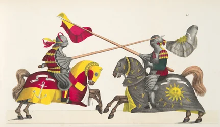 Dwóch rycerzy na turnieju, tablica z „Historii rozwoju i obyczajów rycerskich” dr. Franza Kottenkampa, wyd. Carl Hoffmann, 1842
