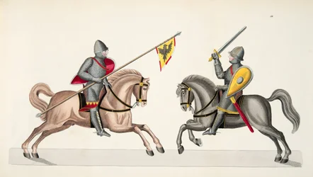 Dwaj rycerze podczas turnieju, ilustracja z "Historii rozwoju i zwyczajów rycerskich", autorstwa dr Franza Kottenkampa, wydanej przez Carla Hoffmanna, 1842 r.