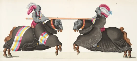 Dwaj rycerze podczas turnieju, ilustracja z "Historii rozwoju i zwyczajów rycerskich", autorstwa dr Franza Kottenkampa, wydanej przez Carla Hoffmanna, 1842 r.