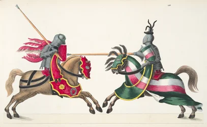 Dwóch rycerzy na turnieju, tablica z „Historii rozwoju i obyczajów rycerskich” dr. Franza Kottenkampa, wyd. Carl Hoffmann, 1842