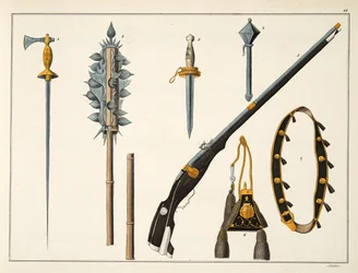 Broń, w tym muszkiet, ok. 1400, tablica z „Historii rozwoju i obyczajów rycerskich” dr. Franza Kottenkampa, opublikowana przez Carla Hoffmanna, 1842