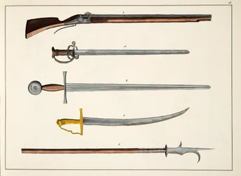 Broń, w tym miecze i włócznie, ok. 1400, tablica z Historii rozwoju i zwyczajów rycerskich dr. Franza Kottenkampa, opublikowana przez Carla Hoffmanna, 1842