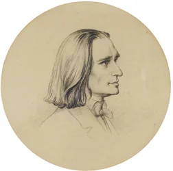 Portret kompozytora Franciszka Liszta (Portret kompozytora Franciszka Liszta (1811-1886)) rysunek Fryderyka Prellera Starszego (1804-1878) Średnica 14,5 cm Ze zbiorów prywatnych