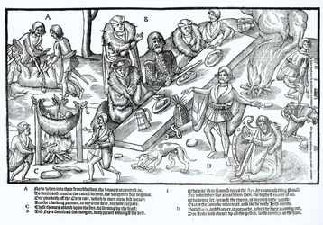 Wódz Mac Sweynów siedzący przy kolacji i zabawiany przez barda i harfiarza, płyta 3 z "The Image of Ireland" autorstwa Johna Derricke