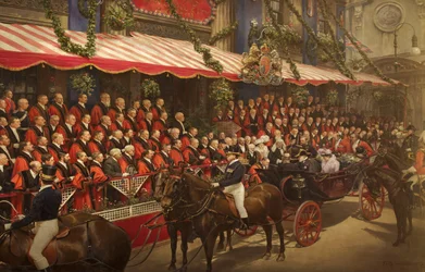 Król Edward VII Nadanie Honoru Rycerskiego radnemu Edwardowi B. Jamesowi w Council House, 9 lipca 1908