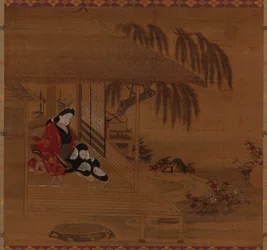 Ogród, wnętrze i siedząca dziewczyna, okres Edo, 1615-1868.