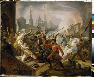 Rosyjska Wojna Chłopska 1773-1775 (Jackson z Jaickich Kozaków): bitwa pod Kazaniem w lipcu 1774, scena buntu Emeliana Iwanowicza Pugaczowa (Iemeliana lub Emiliena Pugaczowa) (1742-1775). (Bitwa Pugaczowa pod Kazaniem w lipcu 1774 r.