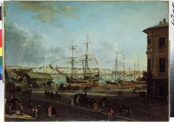 Widok na nabrzeże angielskie z wyspy Wasiliewskiego, Sankt Petersburg (Widok na nabrzeże angielskie od wyspy Wasiliewskiej). Obraz Fiodora Jakowlewicza Aleksiejewa (1753-1824). Olej na płótnie, 53 x 72,5 cm