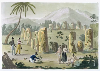 „Dom starożytnych”, wyspa Tinian, tablica 31 z „Le Costume Ancien et Moderne” Julesa Ferrario, wydana w latach 1820-30 (patrz także 206893)