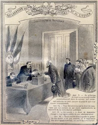 1789: Deklaracja praw człowieka i obywatela: suwerenność narodowa. Rycina w „Jedynym podręczniku moralności i nauki obywatelskiej, przeznaczonym dla uczniów trzech kursów szkoły podstawowej oraz uczniów klas podstawowych liceów i kolegiów”