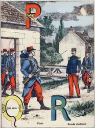 Litery P Q i R: Post, Qui vive! i Runda Oficerska. Rycina w "Alphabet militaire", seria Grand-Bebe. Grawerowanie. Obrazowanie Pont-a-Mousson. Louis Vagne, drukarz-wydawca, około 1900. Ilustracje G. Dascher. 20 stron. Wymiary: 31,5x24,5cm.