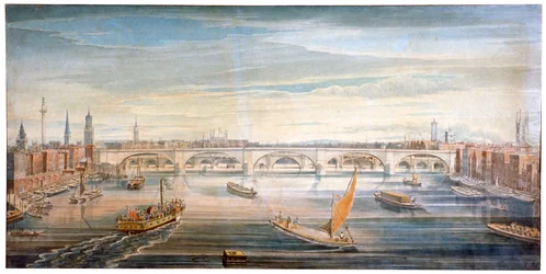 Widok na nowy London Bridge od zachodu, z łodziami i barkami na Tamizie, 1831.