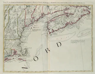 Acadia, prowincje Sagadahoc i Maine, New Hampshire, Rhode Island i część Massachusetts i Connecticut, rycina G. Zulianiego zaczerpnięta z Tomu I „Najnowszego Atlasu” opublikowanego w Wenecji w 1778 r. przez Antonio Zattę, kolekcja prywatna