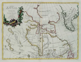 Zatoka Hudsona, Kraina Labradorów i Grenlandia wraz z przyległymi wyspami, rycina G. Zulianiego zaczerpnięta z Tomu I „Najnowszego Atlasu” wydanego w Wenecji w 1778 r. przez Antonio Zattę, zbiory prywatne