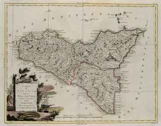 Wyspa Sycylia, podzielona na jej doliny, rycina G. Zulianiego zaczerpnięta z tomu II najnowszego Atlasu wydanego w Wenecji w 1782 r. przez Antonio Zattę, zbiory prywatne