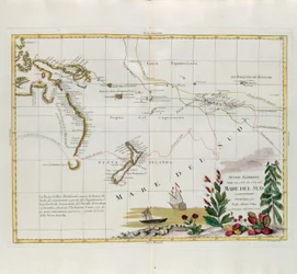 Nowe odkrycia dokonane w 1775, 67 i 69 na Morzu Południowym, rycina G. Zulianiego zaczerpnięta z Tomu I najnowszego Atlasu wydanego w Wenecji w 1776 roku przez Antonio Zattę, Kolekcja prywatna