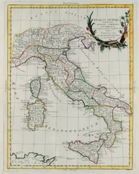 Mapa polityczna Włoch, sztychowana przez G. Zulianiego, zaczerpnięta z tomu IV „Novissimo Atlas” wydanego w Wenecji w 1785 r. przez Antonio Zattę, zbiory prywatne