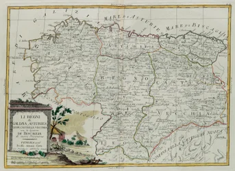 The Kingdoms of Galicia, Asturies, Leon, Castilla Vieja with Council of Biscallia, rycina G. Zulianiego zaczerpnięta z Tome I najnowszego Atlasu wydanego w Wenecji w 1776 roku przez Antonio Zattę, Priva