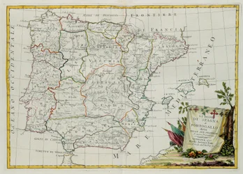 Królestwa Hiszpanii i Portugalii podzielone na prowincje, rycina G. Zulianiego zaczerpnięta z Tomu I najnowszego Atlasu opublikowanego w Wenecji w 1775 r. przez Antonio Zattę, Kolekcja prywatna