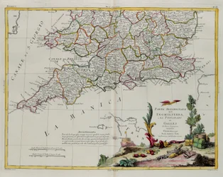 Południowa część Anglii i Principate of Wales, rycina G. Zulianiego zaczerpnięta z Tomu I najnowszego Atlasu wydanego w Wenecji w 1778 r. przez Antonio Zattę, Kolekcja prywatna