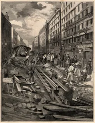 Kolejka Belleville położyła tor, rue de Belleville w 1894 roku. Grawerowanie wg M.G. rysunek de Burgrraffa. W „Świat znakomity” z 1894 roku.