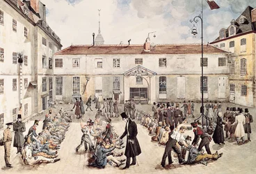 „Więźniowie więzienia w Bicetre są przykuci na podwórku” Akwarela autorstwa Gabriela Cloquemina (koniec XVIII początku XIX wieku) Paris Musée Carnavalet
