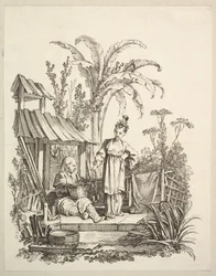 Siedzący Chińczyk i kobieta niosąca rybę, ok. godz. 1742.