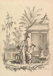 Scena Chinoiserie z postaciami w krajobrazie, XVIII wiek.