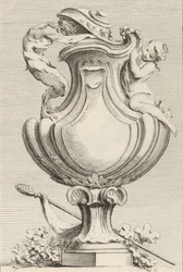 Projekt wazonu z faunem i nimfą z Księgi waz Livre de Vases, tablica 1..., 1742-50.