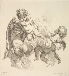 Troje dzieci w chmurach niosących zasłonę, 1738-45.