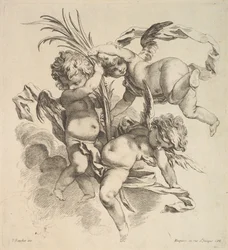 Troje dzieci wśród chmur w pobliżu liścia palmowego, 1738-45.