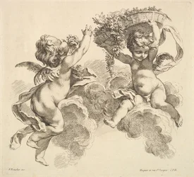 Dwoje dzieci, jedno trzymające kosz z kwiatami, 1738-45.