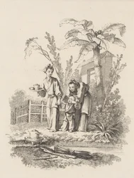 Dwie kobiety prowadzące dziecko do czajnika na stole w pobliżu stawu, ca. 1742.