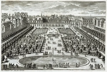 Widok na Parc du Palais Royal w Paryżu. Grawer Perelle, koniec XVII wieku.