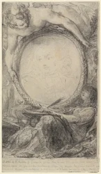 Alegoryczna rama z piszącym geniuszem i zasłoniętą kobietą, ok. 1769 (czarna kreda na papierze)