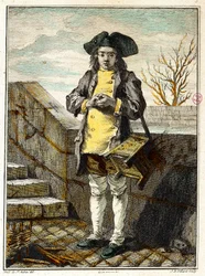 Stare metiery: czyściciel butów lub czyściciel butów. Grawer Gabriel de Saint Aubin (1724-1780) XVIII-wieczne paryskie muzeum Carnavalet
