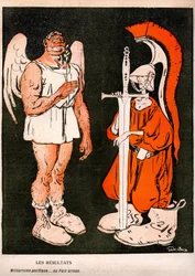 Wojna i pokój. Allegorie (rysunek) autorstwa Gabriele Galantary (1867-1937) na ostatniej okładce francuskiej gazety satyrycznej „L