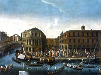 Przejście przedstawicieli miasta do Rialto. Obraz Gabriela Belli. Druga połowa XVIII wieku. Galeria zdjęć Querini Stampalia, Wenecja (?).
