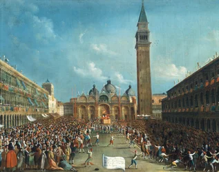 Doża triumfalnie niesiony i rozrzucający pieniądze na Piazza San Marco (Plac Świętego Marka)