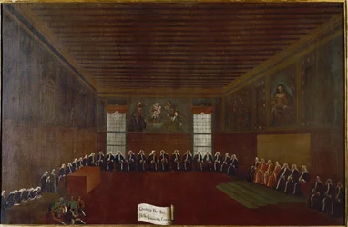 Widok na pomieszczenie kwarantanny kryminalnej, Sądu Najwyższego lub Rady Czterdziestu Obraz Gabriele Belli (1733-1799) XVIII-wieczna Wenecja, Fondazione „”Querini Stampalia””