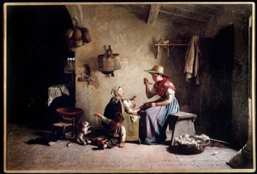 Karmienie dziecka. Obraz autorstwa Gaetano Chierici (1838-1921). Olej na płótnie. Kolekcja prywatna.