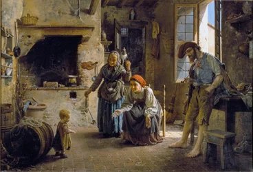 Pierwsze kroki dziecka, obraz Gaetana Chiericiego (1838-1920), 1865, wymiary 70x100 cm, Genua, Galleria d