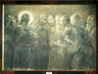 Chrystus wśród apostołów, Gaetano Previati (1852-1920), węgiel drzewny na płótnie