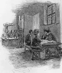 Renzo, Tonio i Gervase w gospodzie, rozdział VII, ilustracja Gaetano Previati (1852-1920) do Wierności, powieść historyczna Alessandro Manzoniego (1785-1873)